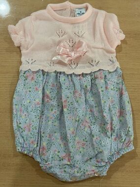 Soft Pink Knit-Bodice Floral Baby One-Piece